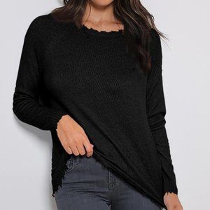 Minnie Rose Fine Cotton/Cashmere Distressed Crew